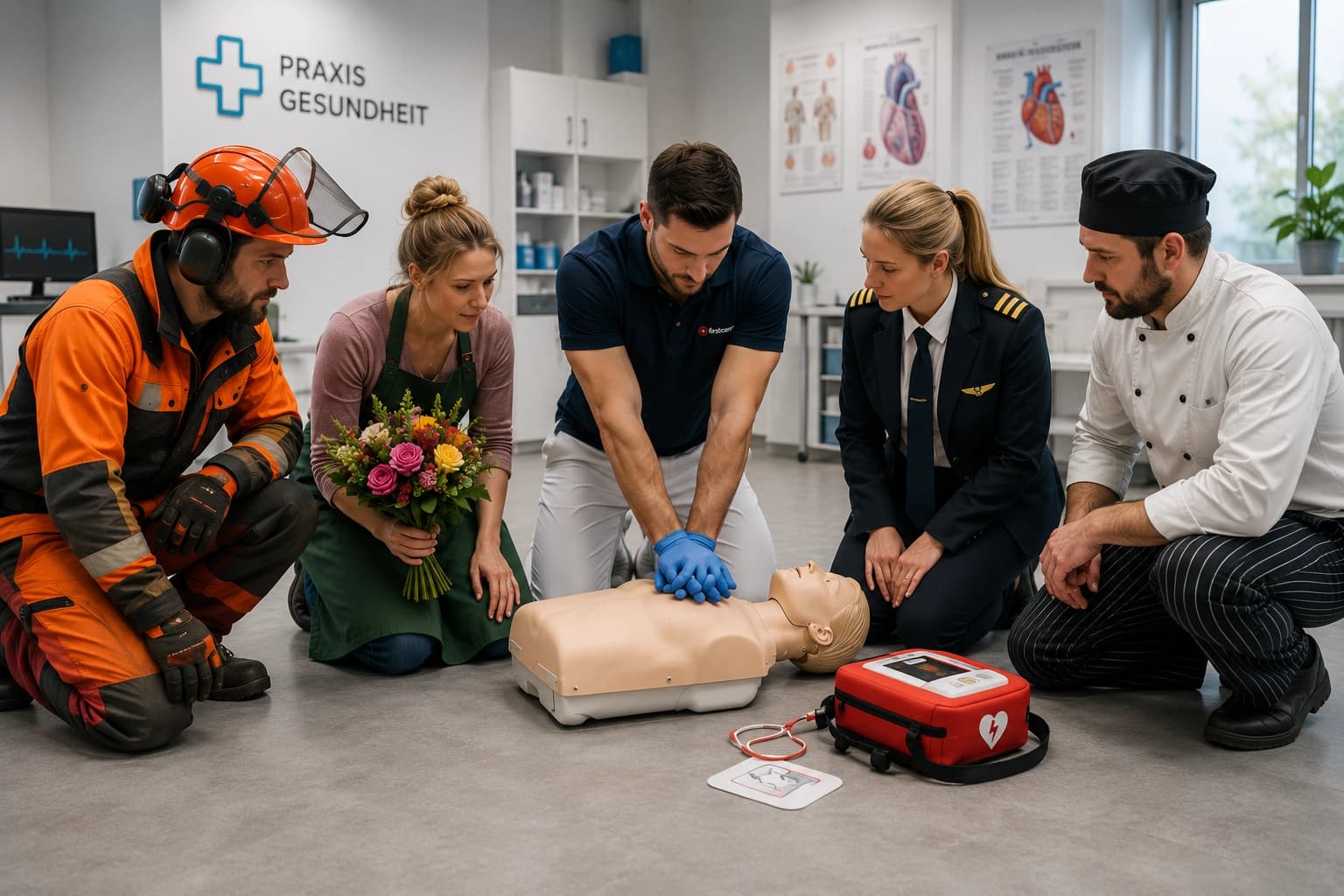BLS-AED-Training mit unterschiedlichen Berufsgruppen in einer Arztpraxis